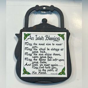 Vintage Cast Iron Trivet Teapot Shape Ceramic Tile Hot Plate Irish Blessing